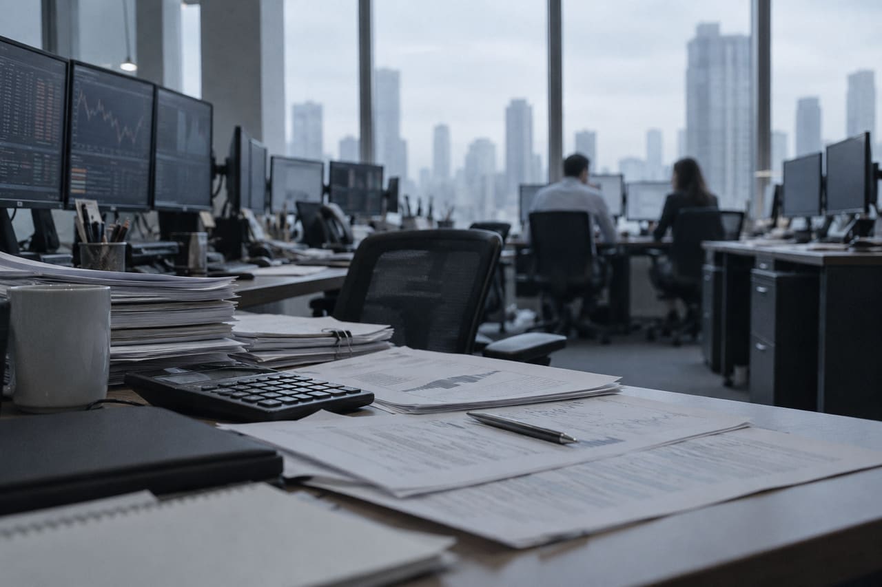 A bank risk team's office floor in late afternoon: paper reports and a calculator in the foreground, two analysts at desks by tall windows over a grey city